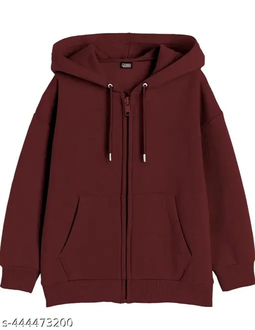 Maroon cotton hoodie with zip closure, long sleeves
