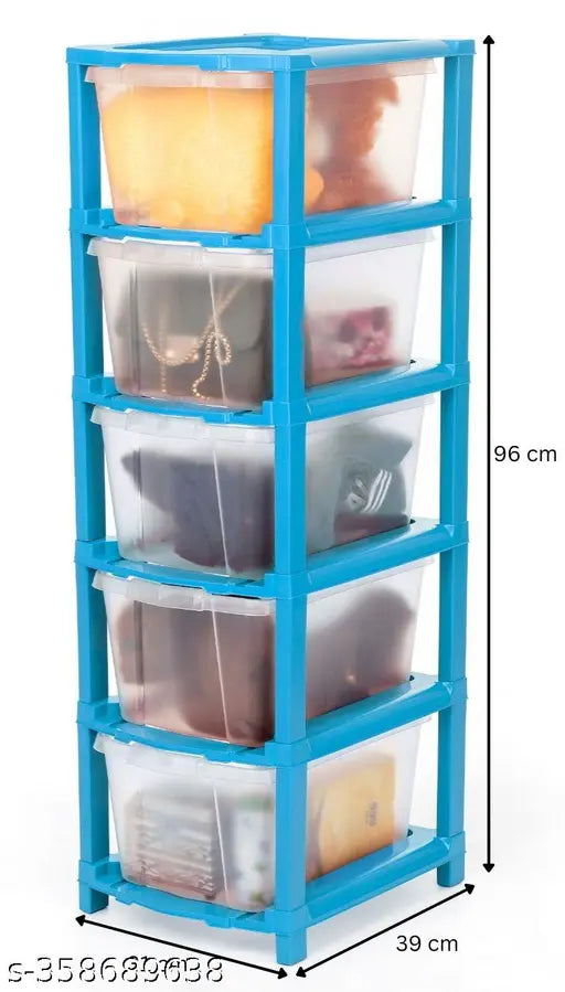 Blue plastic 5-layer drawer organizer for books, clothes, kids toys, shoes etc., suitable for storage solutions in homes or kid's rooms