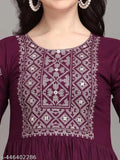 Purple embroidered viscose rayon A-line kurta with three-quarter sleeves, Indian women's fashion