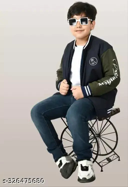 Casual kids jacket with zipper, navy blue, long sleeves