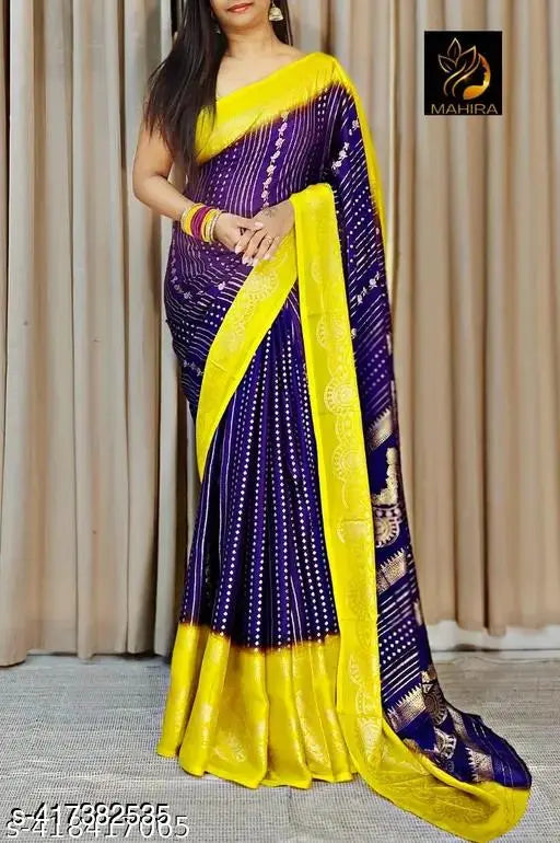 Yellow and blue embroidered saree with contrast blouse, soft fabric