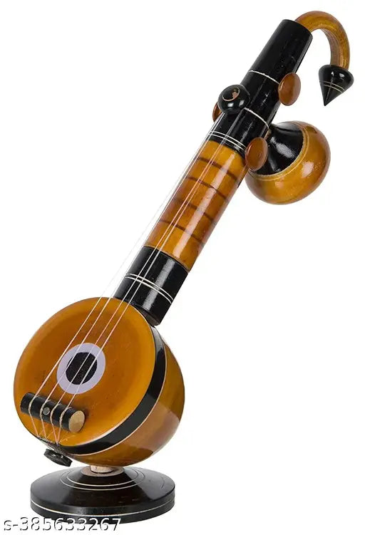 Handcrafted Indian wooden Veena decor idol, traditional musical instrument symbol