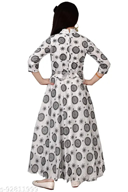 Silk printed net full length gown dresses for girls party wear, three-quarter sleeves, sizes 3-4 years to 10-11 years