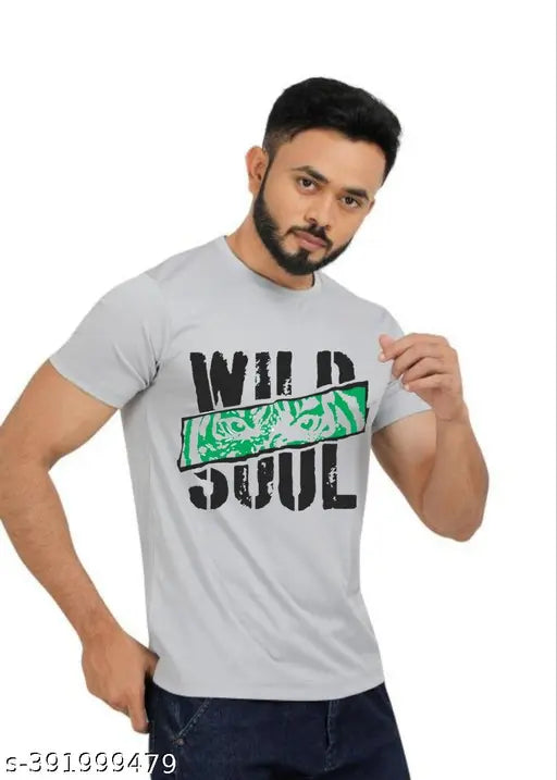 Grey Lycra men's printed t-shirt with short sleeves, ideal for gym or party wear, Indian origin