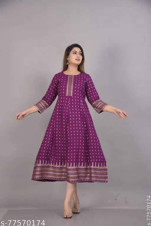 Rayon printed Angrkhi women's long kurta with three-quarter sleeves, vibrant Indian motifs, S-XXXL sizes available