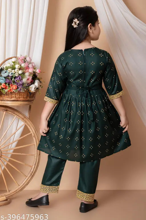 Embroidered Naira Cut Cotton Kurti & Palazzo Pants for Kids Girls, latest design, calf length, round neck, trendy ethnic wear, Indian origin