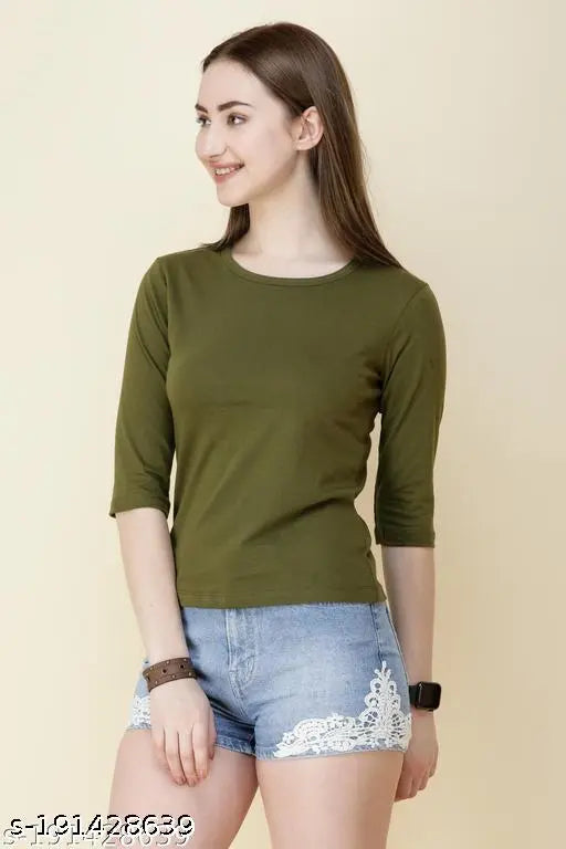 Olive green cotton three-quarter sleeve top for women, solid pattern, Wrath - Take Control