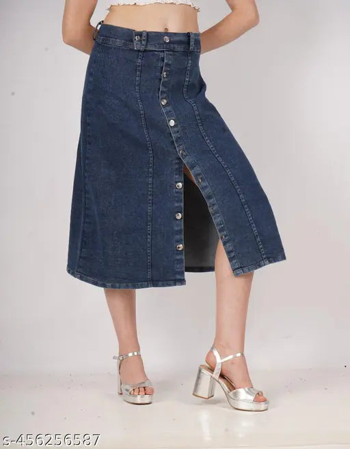 High waisted stretch denim skirt, two button closure, flared hem