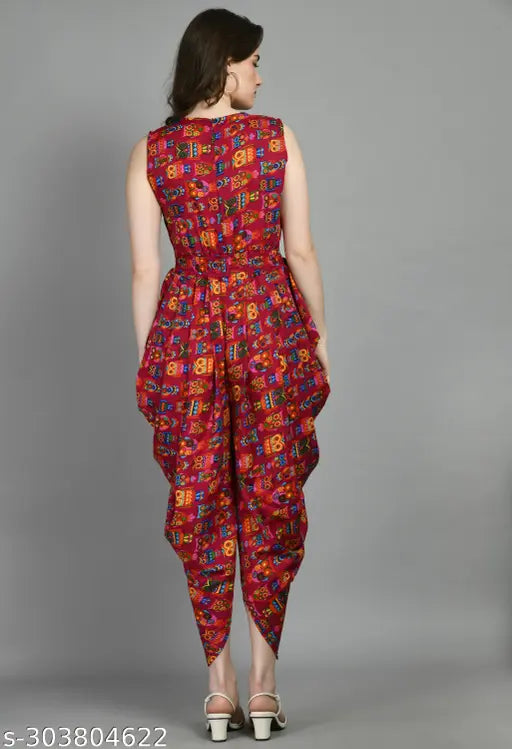 Multicolor printed dhoti jumpsuit for daily/occasionals, crepe fabric, Indian-style maxi dress (Pack of 1), suitable for festive wear with elastic waist and sweat absorbent armpit lining. Made in India
