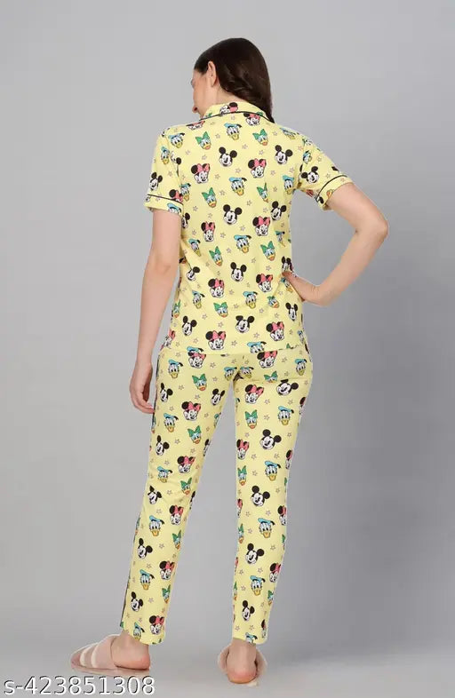 Women's yellow printed polycotton shirt and pyjama set, half-sleeve top and matching bottoms with elastic waistband. Soft, breathable fabric and vibrant, eye-catching prints