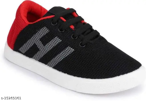 Black and red hi-top sneakers with white soles