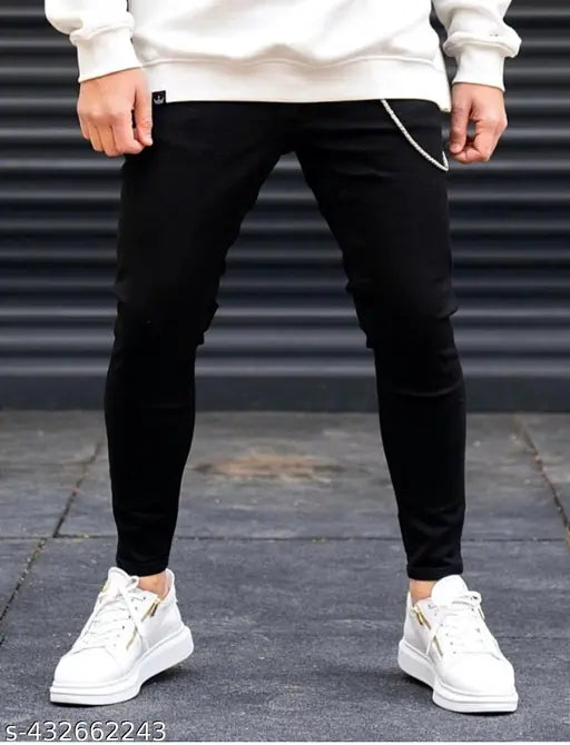 Men's slim fit black stretch jeans, elastic waistband, cuff hem