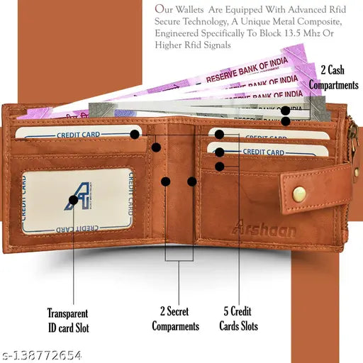 Antique tan genuine leather RFID wallet, 12 card slots, compact dimensions for men's everyday use