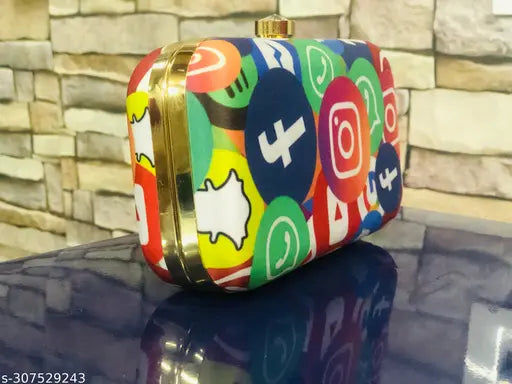 Colorful printed clutch with phone icons, zip closure