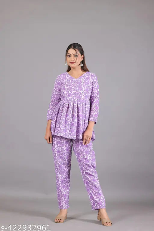 Levendar-floral print women's cotton kurti & pant set, stylish summer nightsuit for daily wear