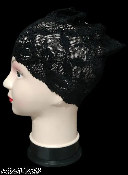 A set of 8 hijab caps with floral designs, black lace trim