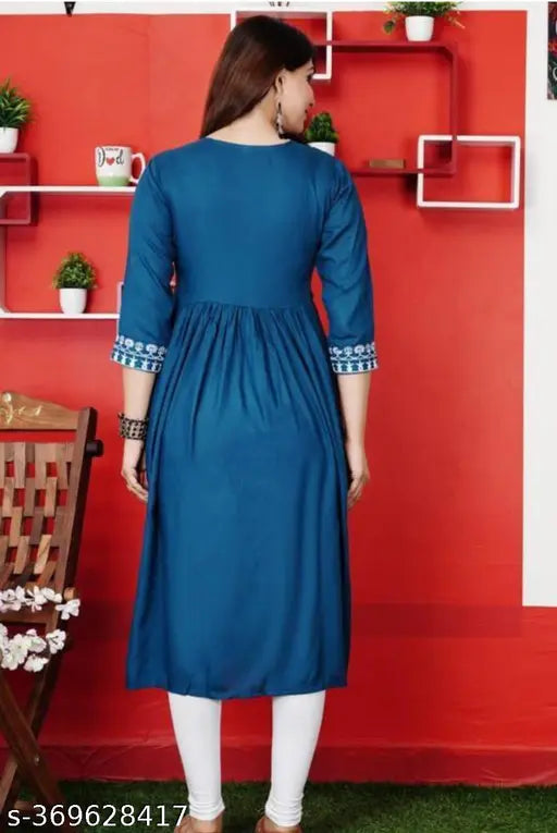 Rayon embroidered Anarkali kurti, single-toned solid style, three-quarter sleeves, women's fashion from India (S: bust size 36in)