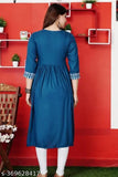 Rayon embroidered Anarkali kurti, single-toned solid style, three-quarter sleeves, women's fashion from India (S: bust size 36in)
