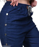 Dark blue stretchable denim side buttoned high waisted jogger pants for women