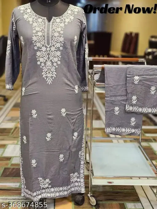 Rayon Chikankari Printed Kurta Set with Pants, three-quarter sleeves, single size M-5XL. Indian rayon fabric on women's traditional outfit