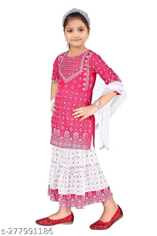 Cute, stylish rayon print kurta & skirt set with chunri for girls (3-4 yrs)