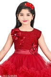Red tulle girls party dress with floral waist design