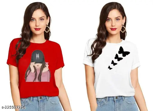 BTS Girl & Butterfly Printed Cotton T-Shirt Combo for Women (Pack of 2) - Stylish, trendy, vibrant design on short-sleeved cotton tees