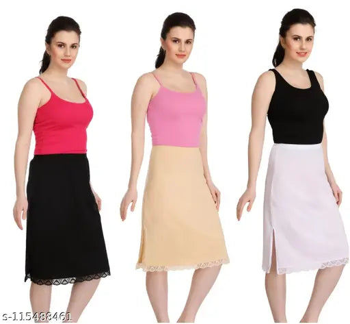 Cotton blend solid net skirt slip pack of 3, Splash women's underskirt with elastic waist and lace bottom, knee-length, non-shrinking, comes in sizes S-XXL
