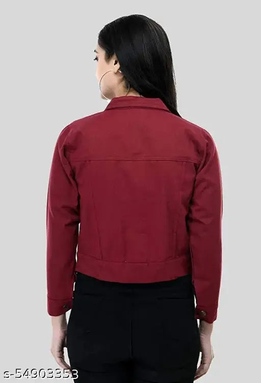 Denim maroon jacket, cotton blend, long sleeves, women's garment for all seasons