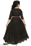 Girls black cotton blend ethnic gown, single pack with three-quarter sleeves and solid pattern for party wear