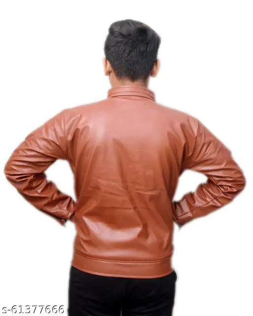 Boys brown leather bomber jacket with zip closure