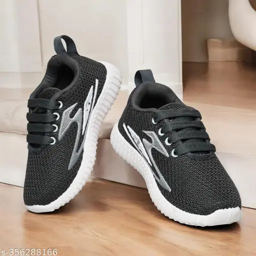 Grey and white running sneakers, casual sport style, lace-up closure