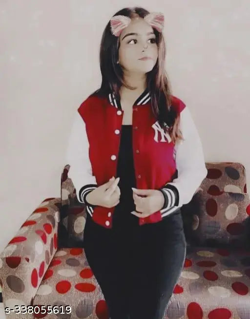 Maroon wool full sleeve solid NY girls jacket, printed design for kids 8-9 years to 15-16 years. Made in India