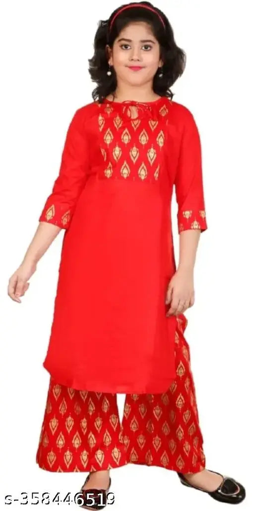 Rayon girls' festive Kurta Palazzo set with three-quarter sleeves, printed net pattern for party wear (Sizes: 3-4Y to 12-13Y)