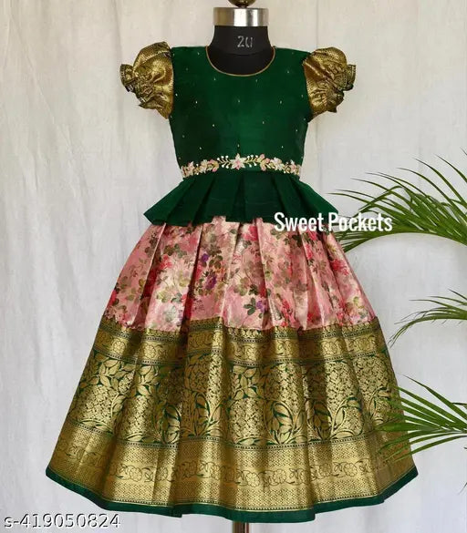 Soft silk and jacquard kids' lehnga choli with ruffle pattern and puff sleeves, South Indian traditional ethnic dress for girls aged 12-13 months to 12-13 years