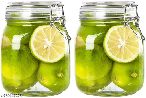 Airtight glass storage jar, containing limes and labeled 1000ml