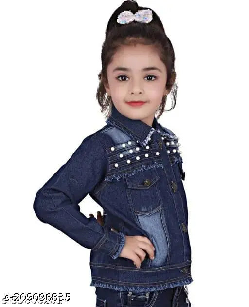 Blue denim kids jacket with embellishments and ribbed cuffs