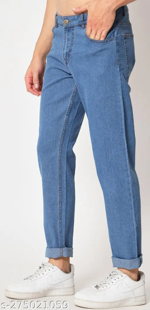 Blue cotton denim men's jeans casual style, solid pattern in size 32 (waist 32in, length 39in), latest design from India