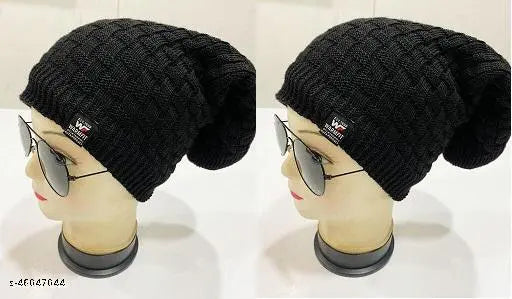 Men's, women's slouched black knit beanie cap with fur lining and inside, pack of 2