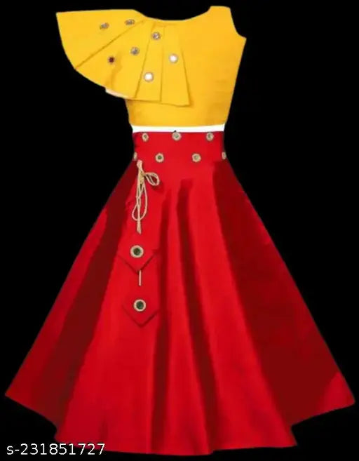 Orange-Chiku silk & cotton blend Indi Girls Lehenga Choli with mirror work, ideal for ethnic wear occasions