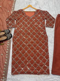 Georgette Sequin Embroidered Work Top and Pant Set with Duppata - Indian Georgette outfit for formal occasions
