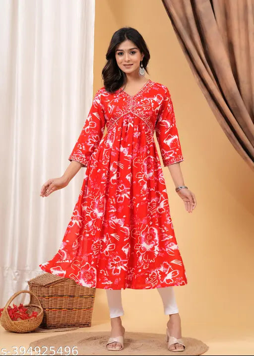 Rayon light daisy printed kurti for women, three-quarter sleeves, India origin
