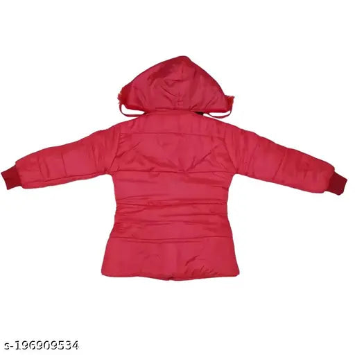 A red children's padded jacket, lined with faux fur and a hoodie