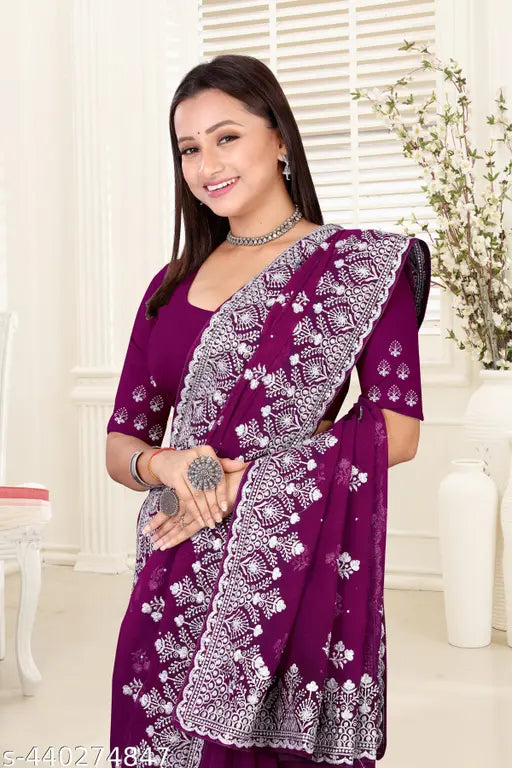 Purple embroidered georgette saree for women, traditional Indian festive wear