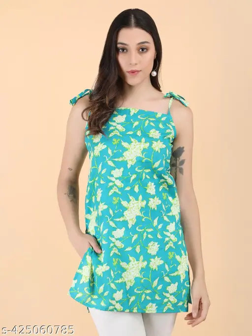 Trendy green rayon short kurti with floral print and ruffle styling - versatile casual top for effortless fashion, India