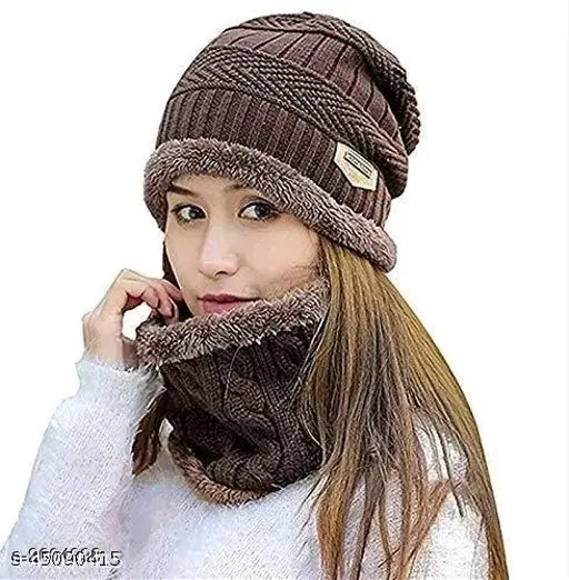 Brown knit beanie hat with ribbed texture, for women