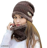 Brown knit beanie hat with ribbed texture, for women