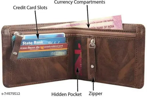 Stylish brown PU wallet, free size, 3 compartments, artificial leather, 5 card slots, coin pocket with zip lock, classic design for daily use