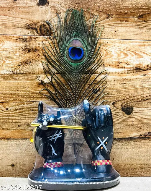 Handcrafted Krishna statue with peacock feather. Temple gift decoration, 6 inches tall