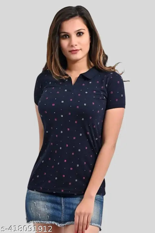Women's polo neck all-over printed cotton blend T-shirt in various sizes, featuring vibrant design on short sleeves by Pyro Spirit. Made in India